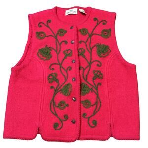 Carroll Reed 100% wool Embroidered Red Floral Vest Size 12
